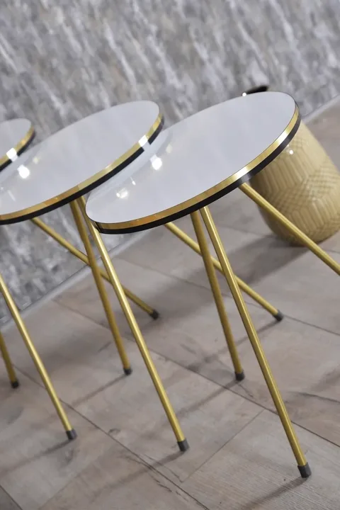 Oval Coffee & Nesting Table Set Gold Metal Legs - White