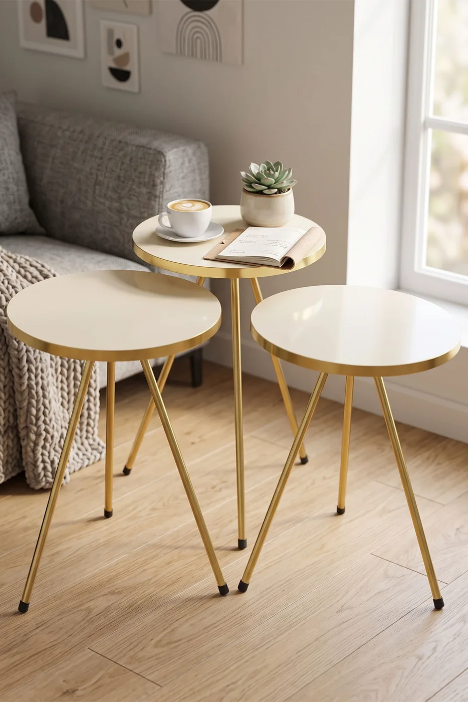 Round Nesting Table Set Gold Metal Legs - Cream