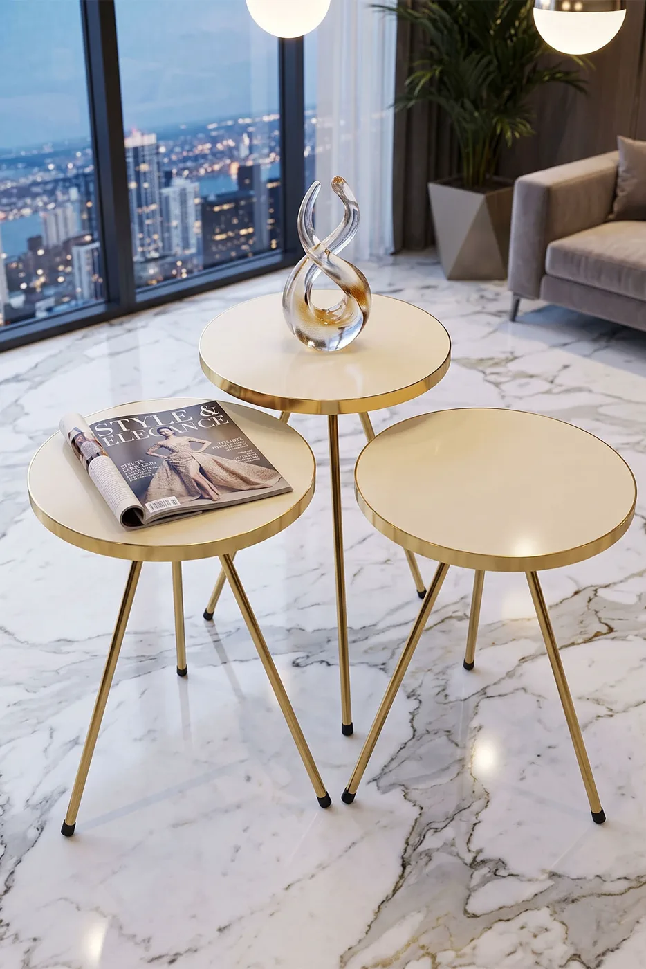 Round Nesting Table Set Gold Metal Legs - Cream