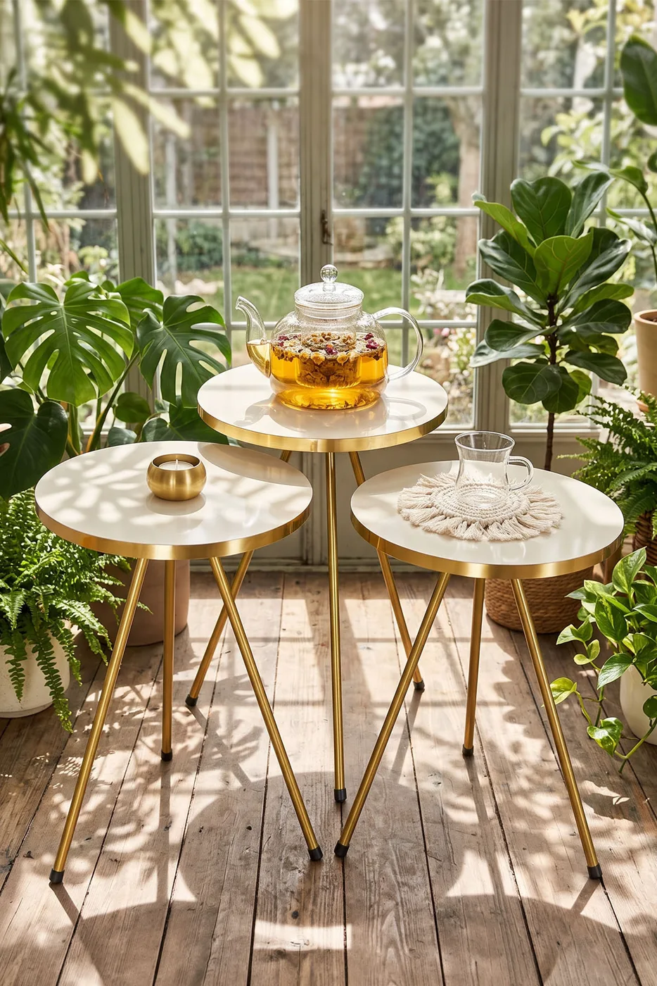 Round Nesting Table Set Gold Metal Legs - Cream