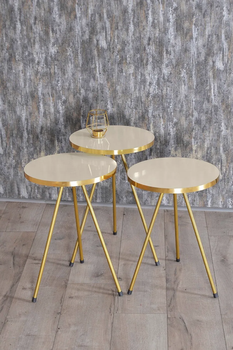 Round Nesting Table Set Gold Metal Legs - Cream