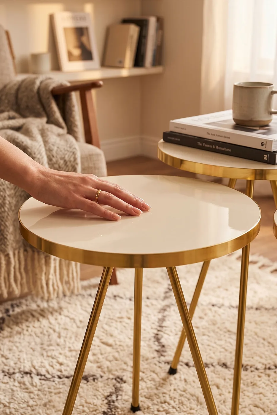 Round Nesting Table Set Gold Metal Legs - Cream