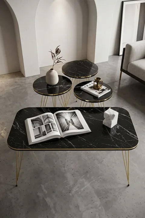 Ronde 4-delige mimisettafel met gouden draadpoten - zwart marmerlook