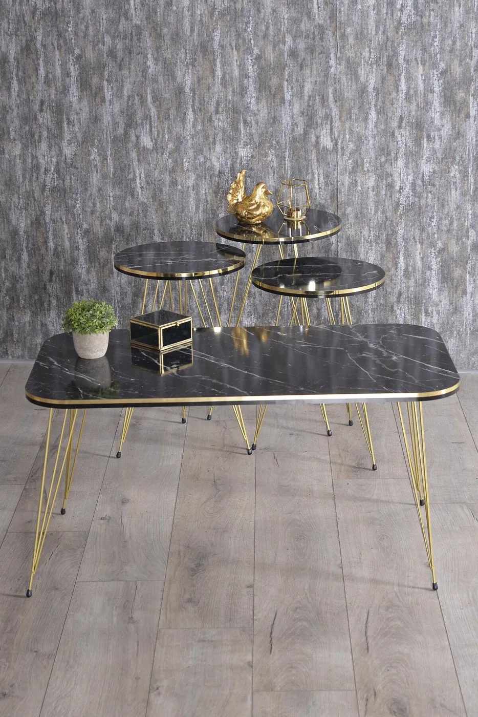Round 4-Piece Table Set Gold Wire Legs - Black Marble Effect