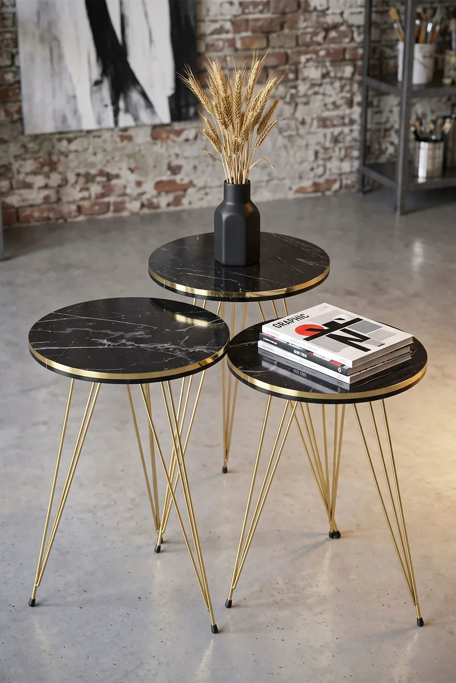 Ronde 4-delige mimisettafel met gouden draadpoten - zwart marmerlook
