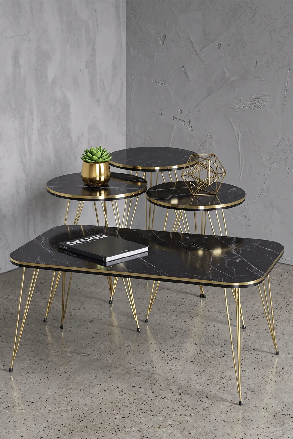 Ronde 4-delige mimisettafel met gouden draadpoten - zwart marmerlook
