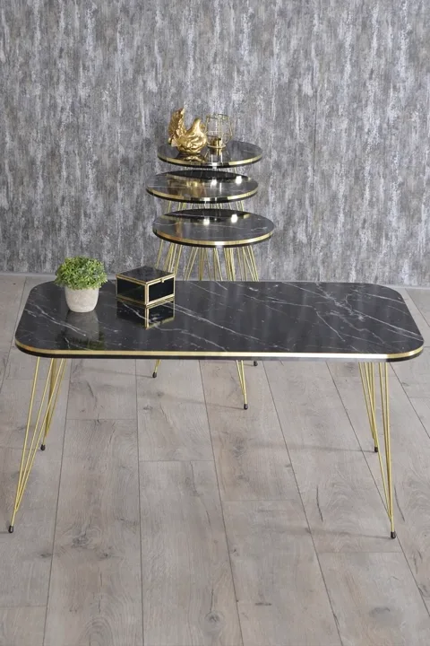 Round 4-Piece Table Set Gold Wire Legs - Black Marble Effect