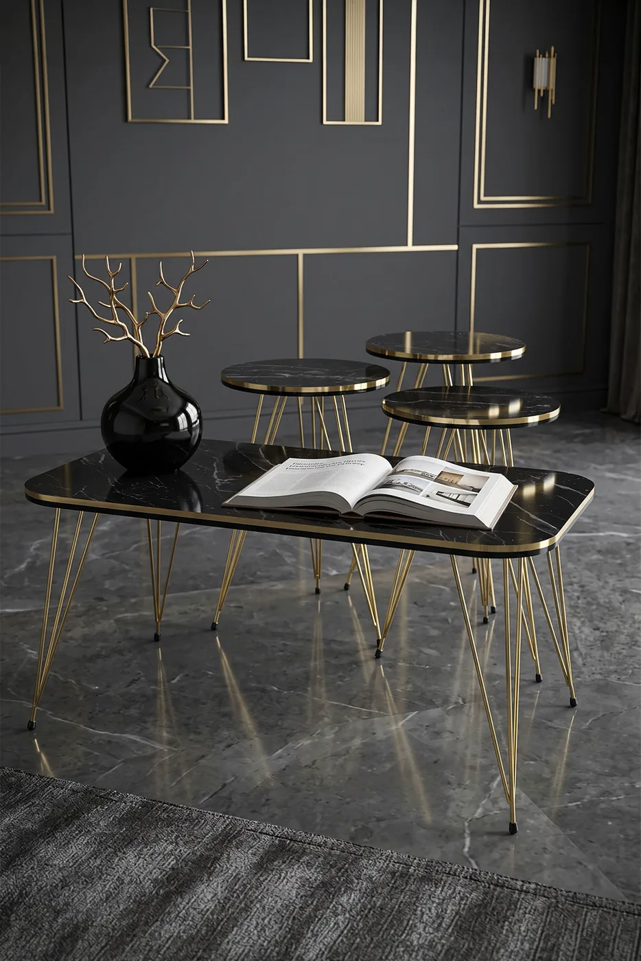 Ronde 4-delige mimisettafel met gouden draadpoten - zwart marmerlook