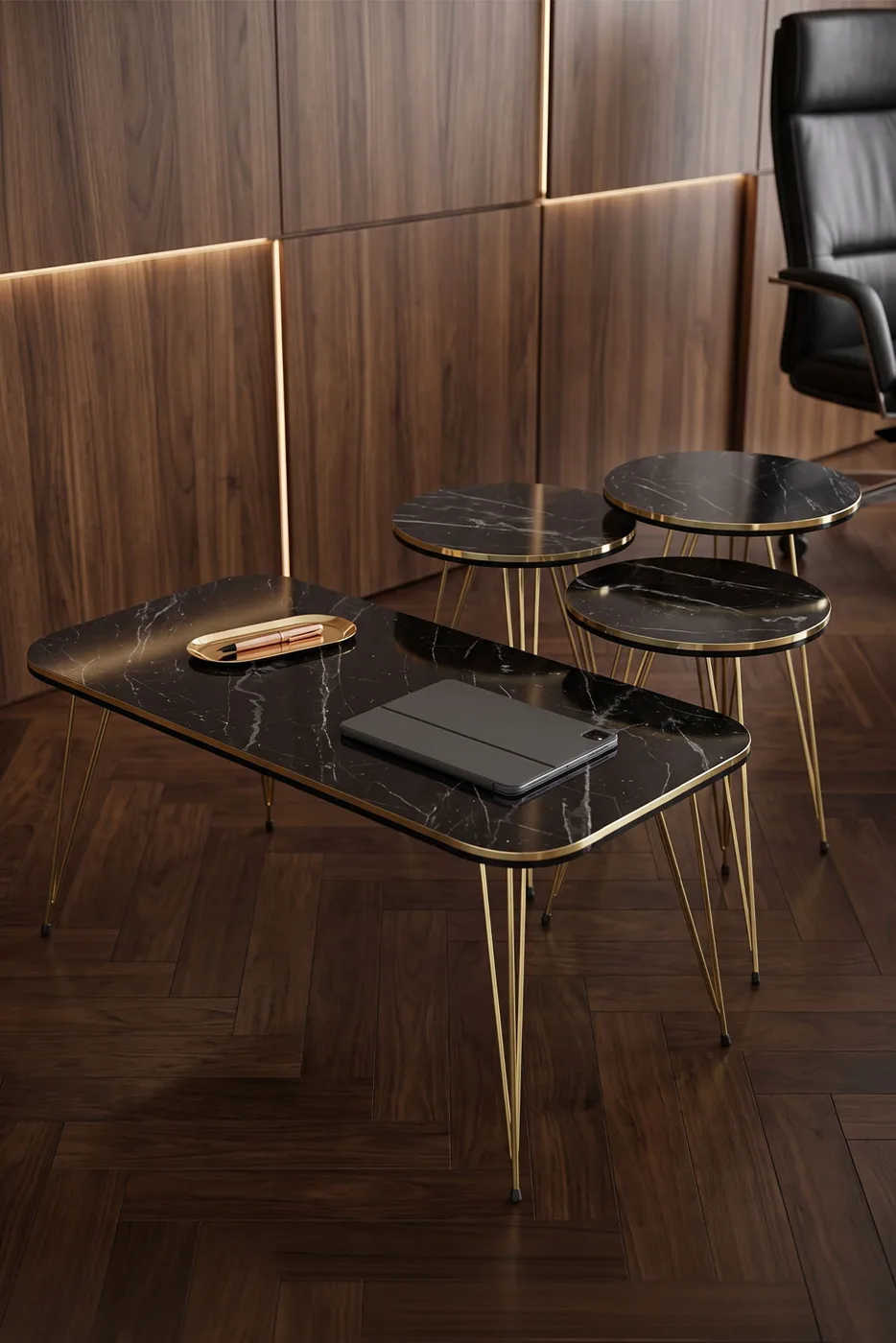 Ronde 4-delige mimisettafel met gouden draadpoten - zwart marmerlook