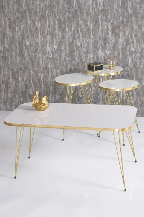 Rundes 4-teiliges Satztisch-Set mit goldfarbenen Drahtbeinen - Weiß