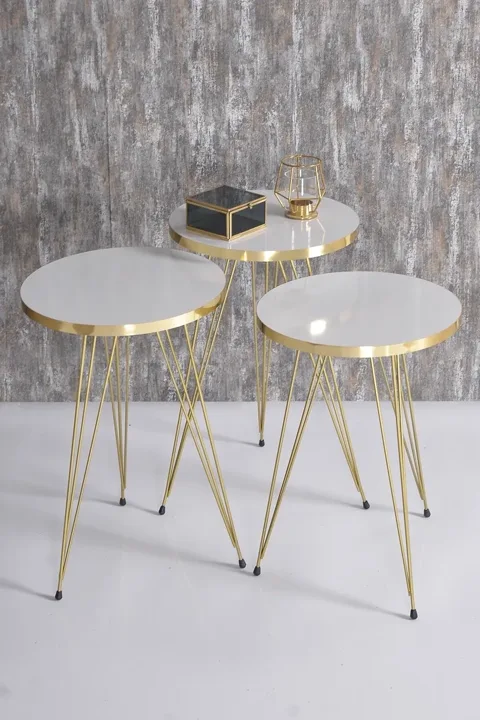 Round 4-Piece Table Set Gold Wire Legs - White