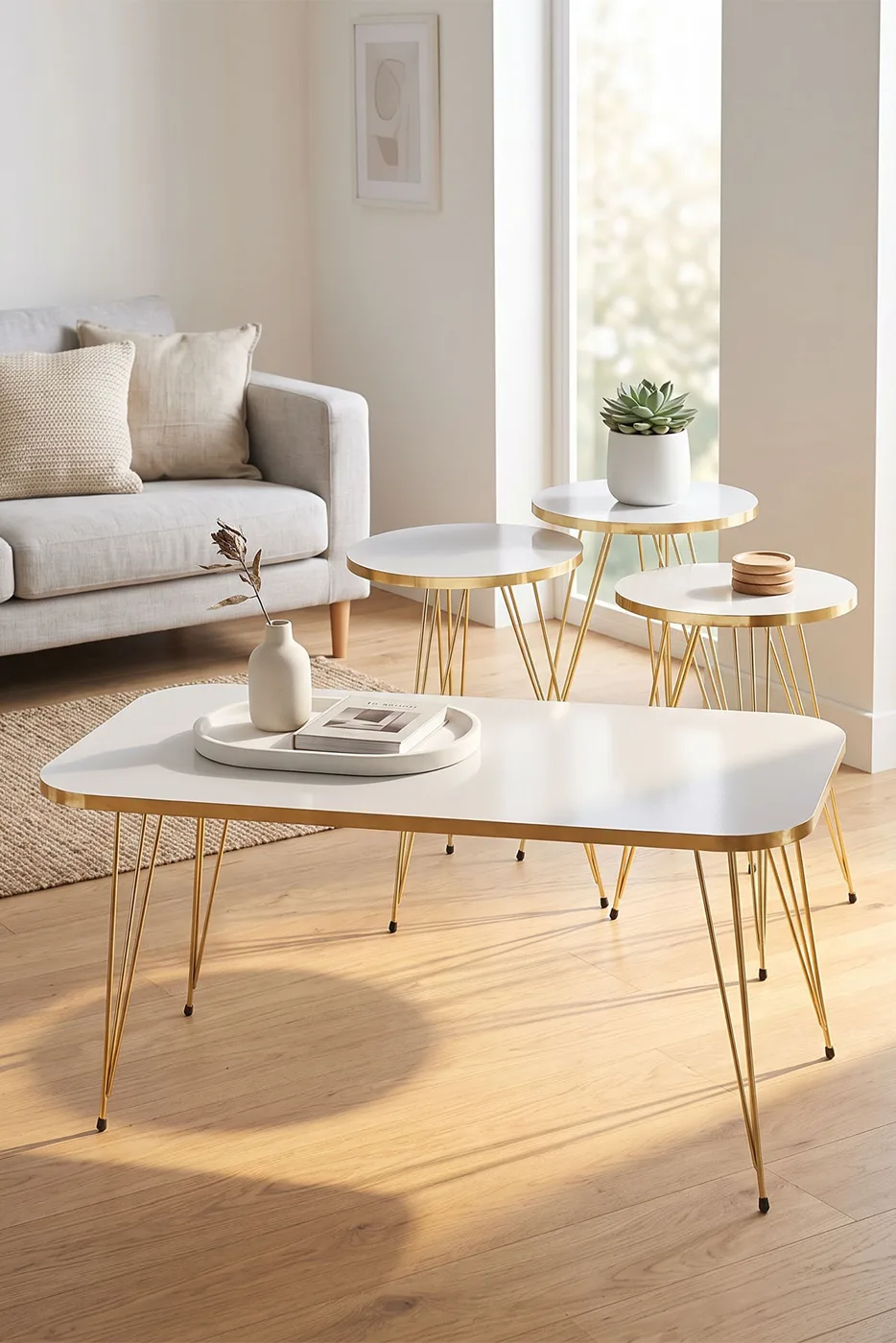 Round 4-Piece Table Set Gold Wire Legs - White