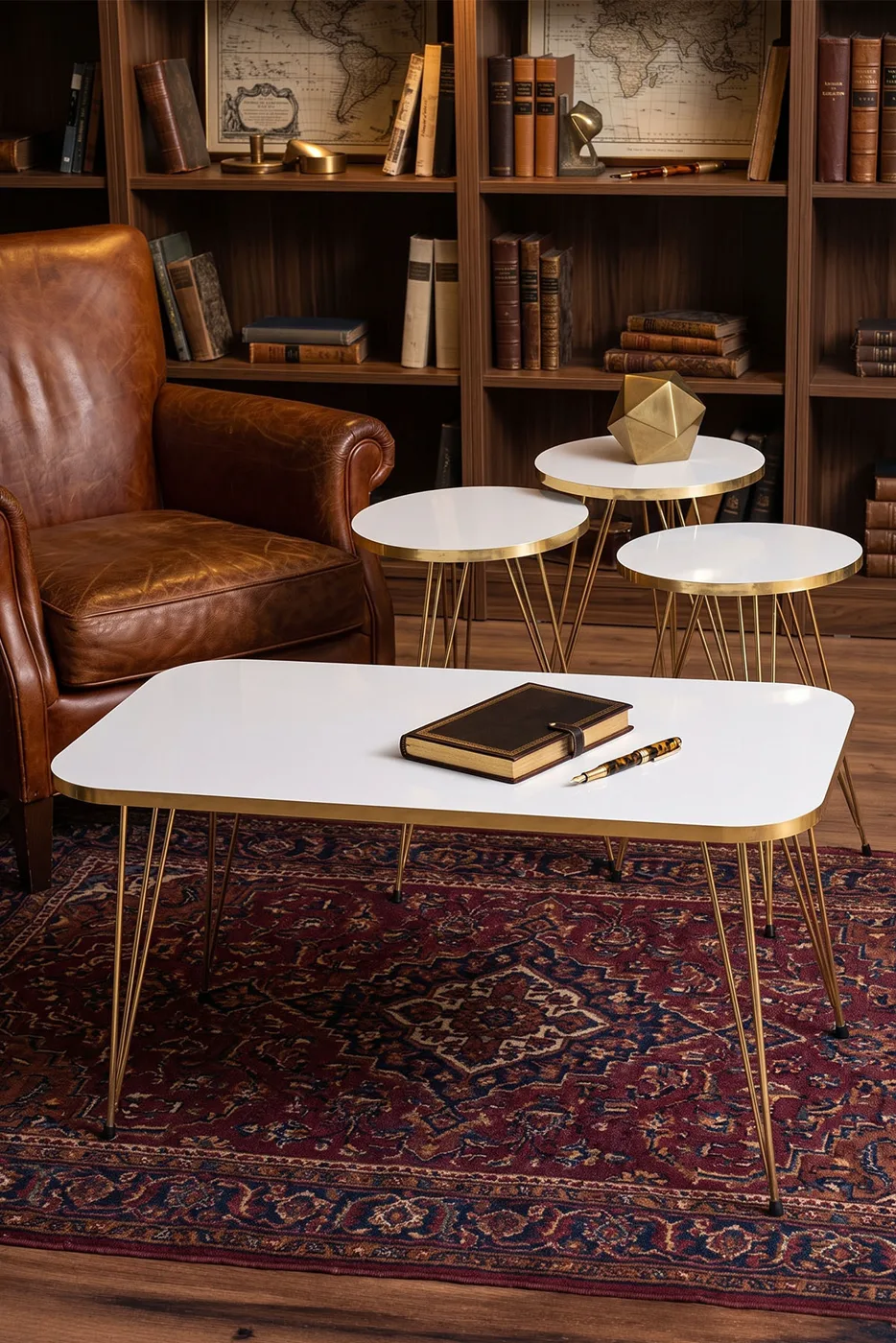 Round 4-Piece Table Set Gold Wire Legs - White