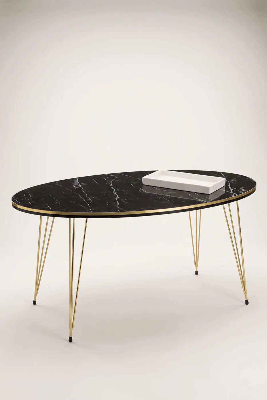 Gold Metal Tel Ayak Oval Orta Sehpa Suntalam Bendir Siyah