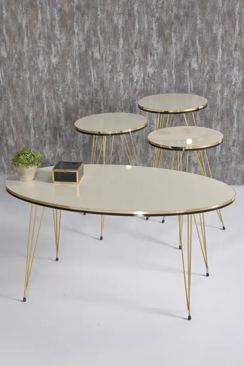 Round 4-Piece Table Set Gold Wire Legs - Cream 1
