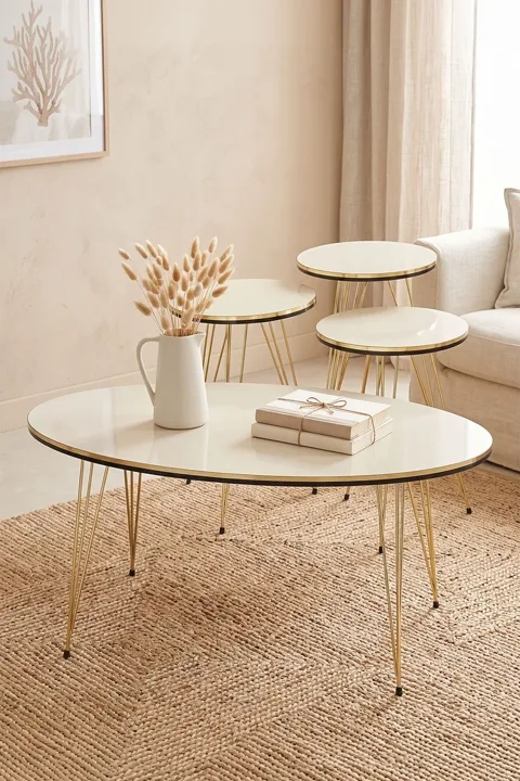 Rundes 4-teiliges Satztisch-Set mit goldfarbenen Drahtbeinen - Creme 1