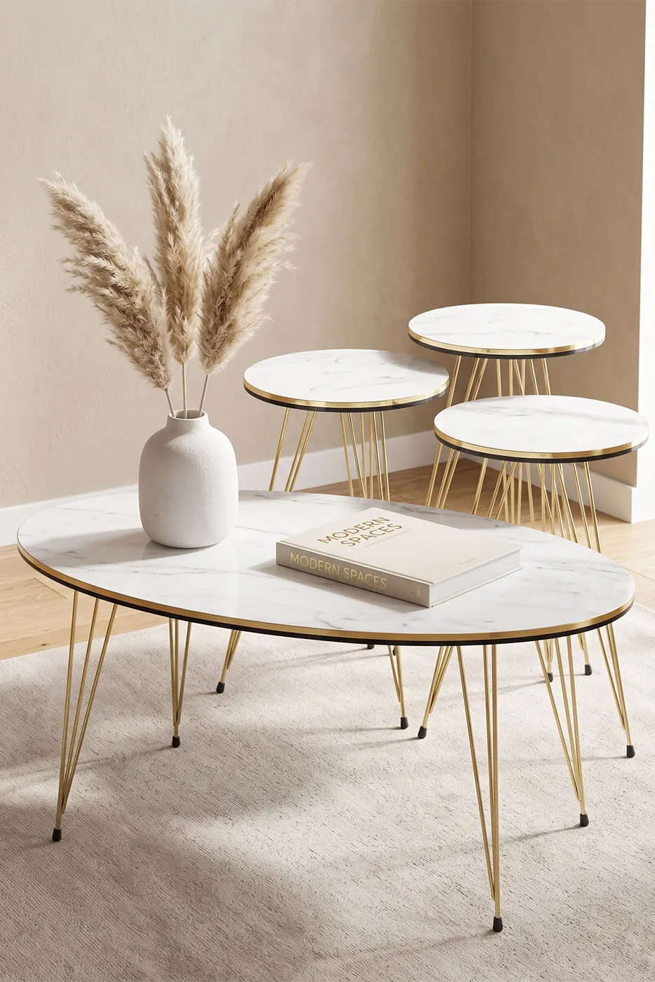 Rundes 4-teiliges Satztisch-Set mit goldfarbenen Drahtbeinen - Creme 1