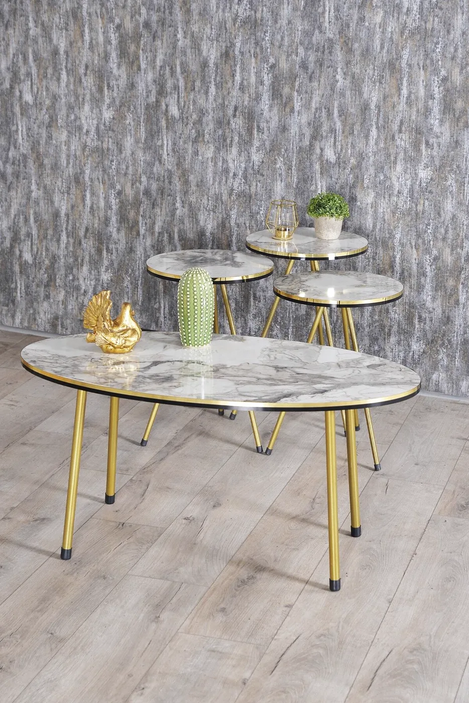 Oval Coffee & Nesting Table Set Gold Metal Legs - White Marble Effect