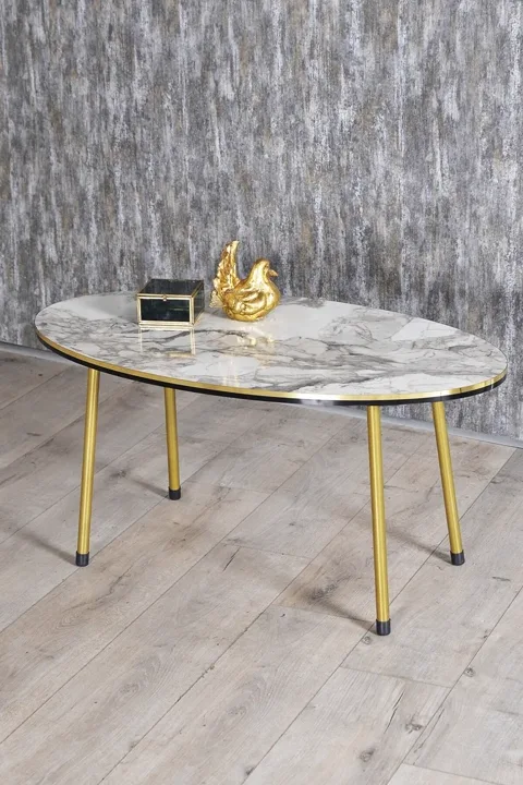Oval Coffee & Nesting Table Set Gold Metal Legs - White Marble Effect