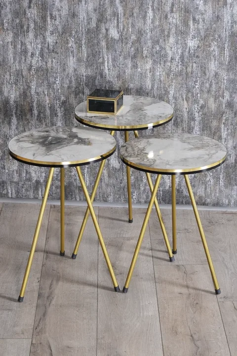 Oval Coffee & Nesting Table Set Gold Metal Legs - White Marble Effect