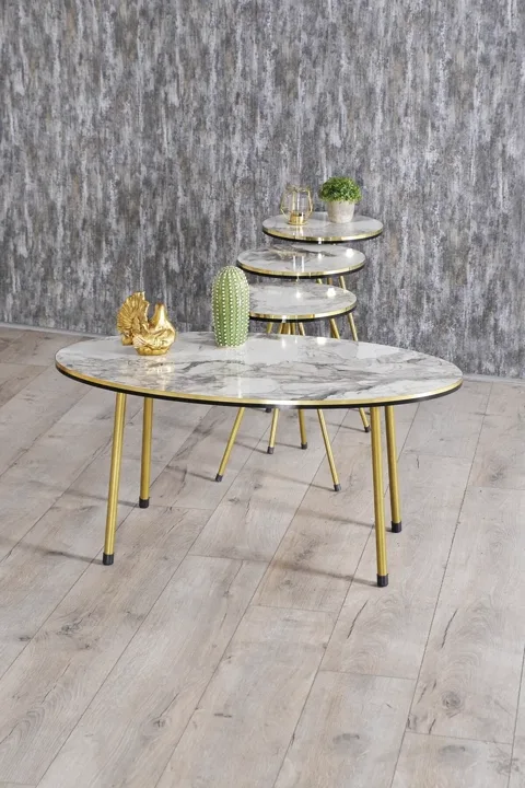 Oval Coffee & Nesting Table Set Gold Metal Legs - White Marble Effect