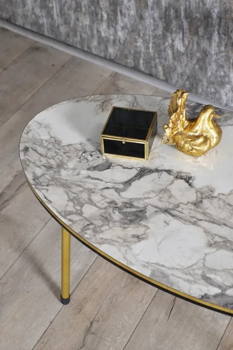 Oval Coffee & Nesting Table Set Gold Metal Legs - White Marble Effect