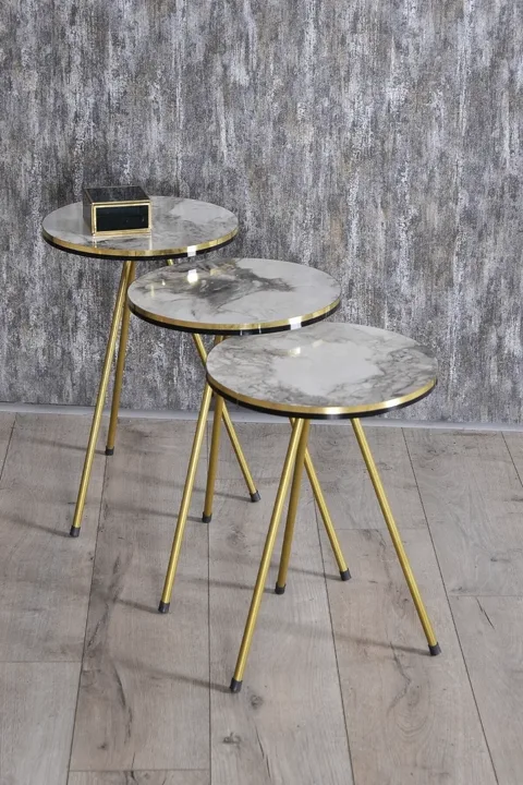 Oval Coffee & Nesting Table Set Gold Metal Legs - White Marble Effect