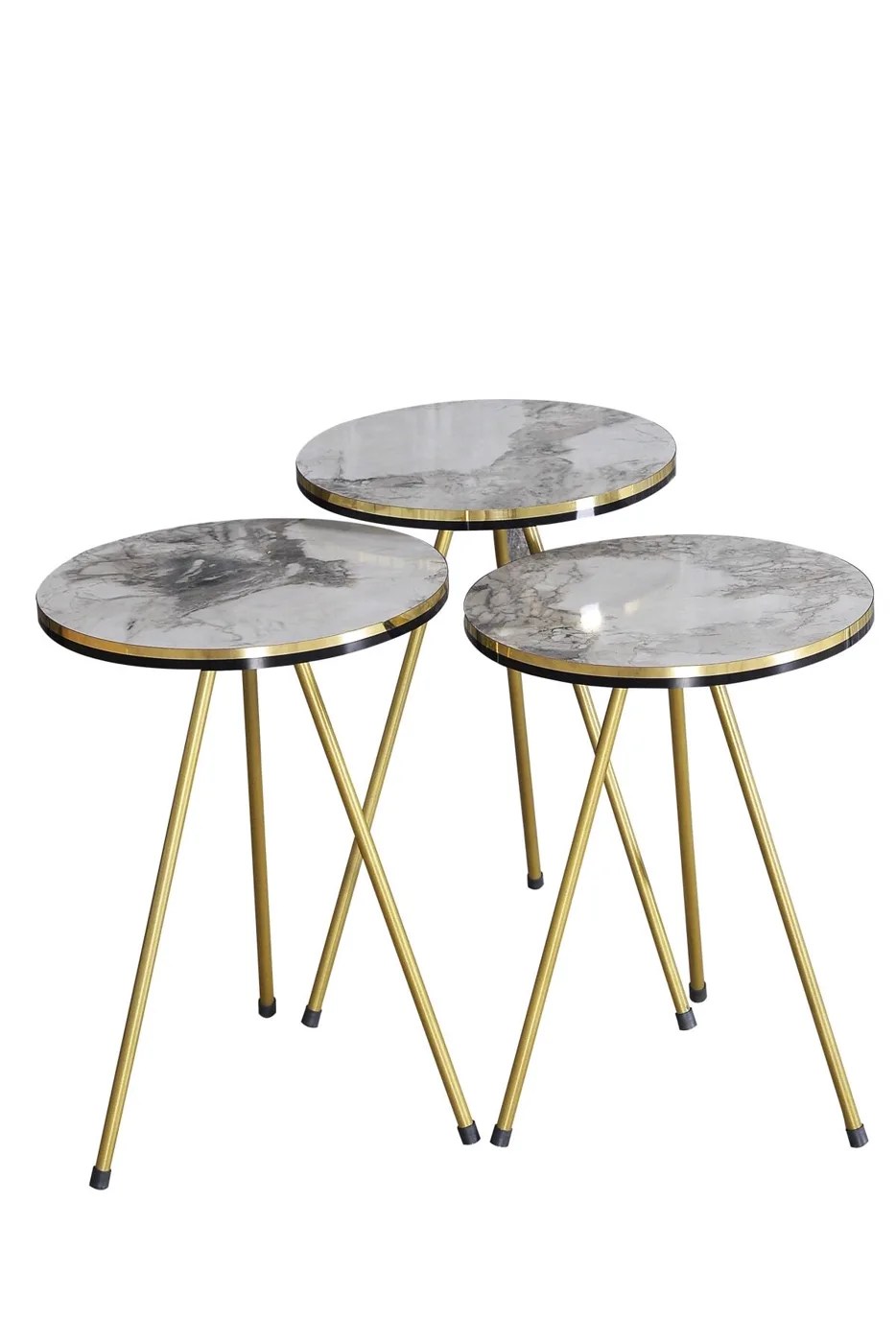 Ovales Couchtisch- & Satztisch-Set mit goldfarbenen Metallbeinen - Weiß Marmoroptik