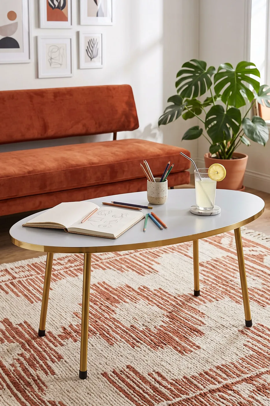 Oval Coffee Table Gold Metal Legs - White
