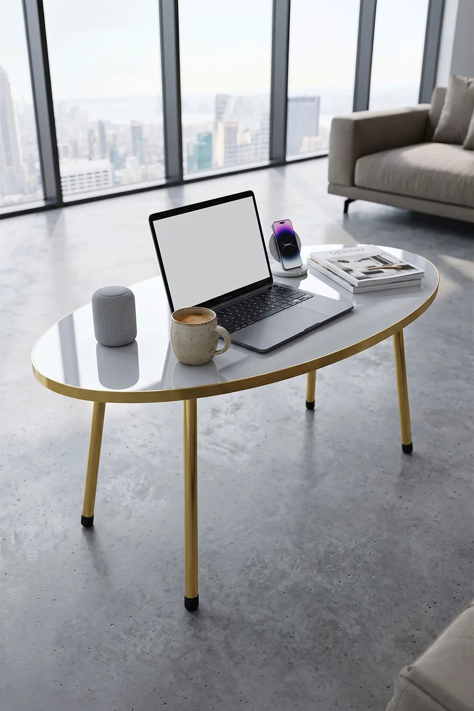 Oval Coffee Table Gold Metal Legs - White