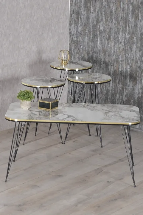 Black Wire Leg Rectangular 4-Piece Table Set - White Marble Effect