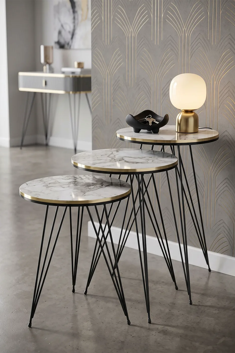 Black Wire Leg Rectangular 4-Piece Table Set - White Marble Effect