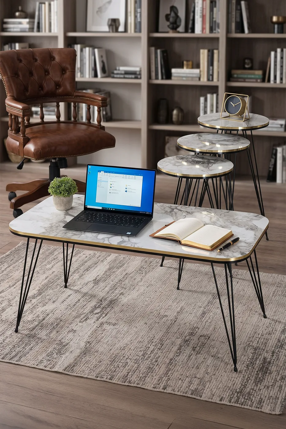 Black Wire Leg Rectangular 4-Piece Table Set - White Marble Effect