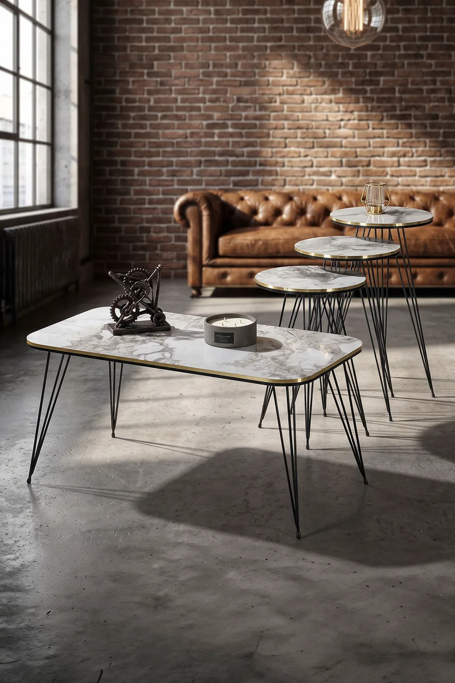 Black Wire Leg Rectangular 4-Piece Table Set - White Marble Effect