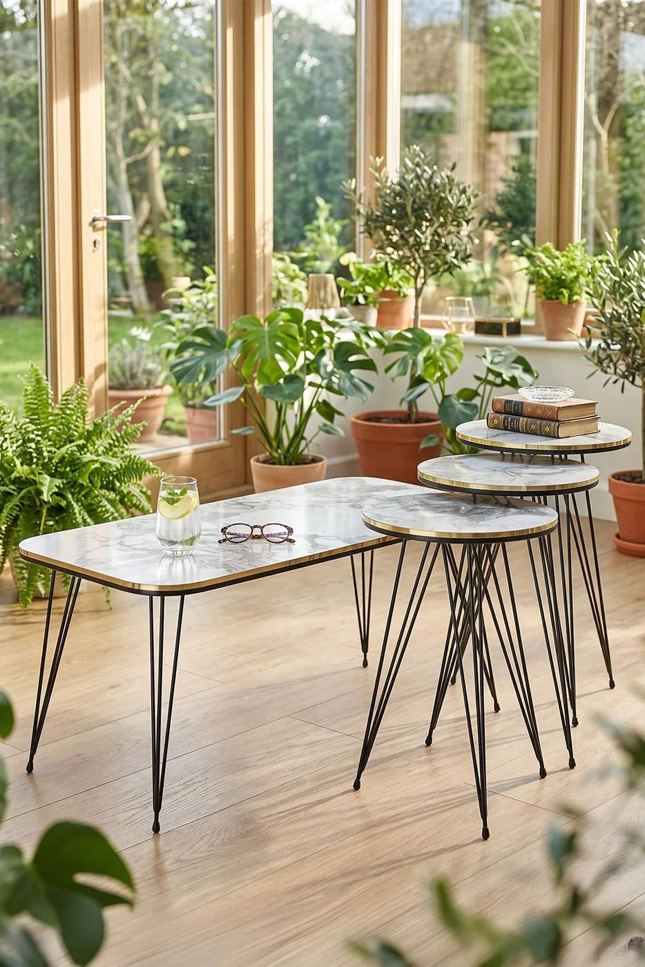Black Wire Leg Rectangular 4-Piece Table Set - White Marble Effect