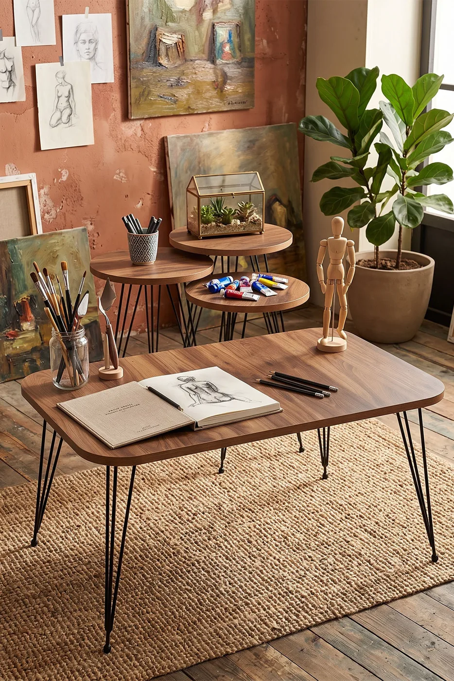 Rectangular 4-Piece Table Set Wire Legs - Walnut