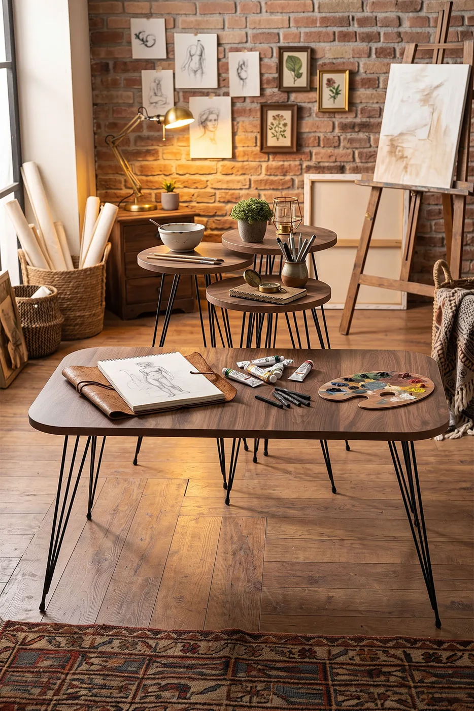 Rectangular 4-Piece Table Set Wire Legs - Walnut