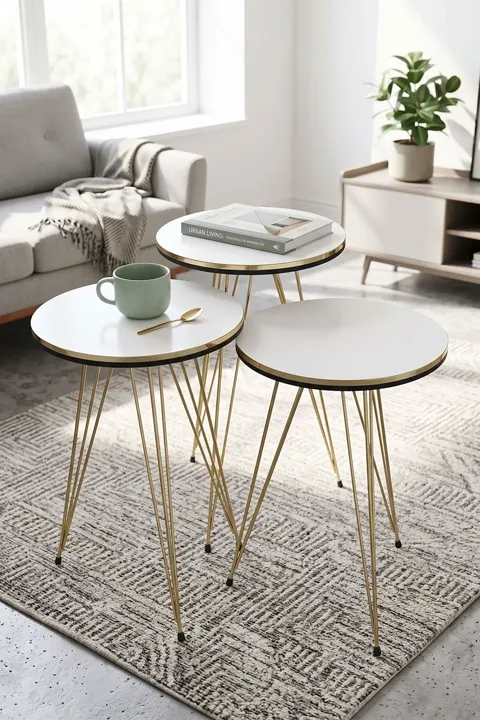 Round Nesting Table Set Gold Wire Legs - White