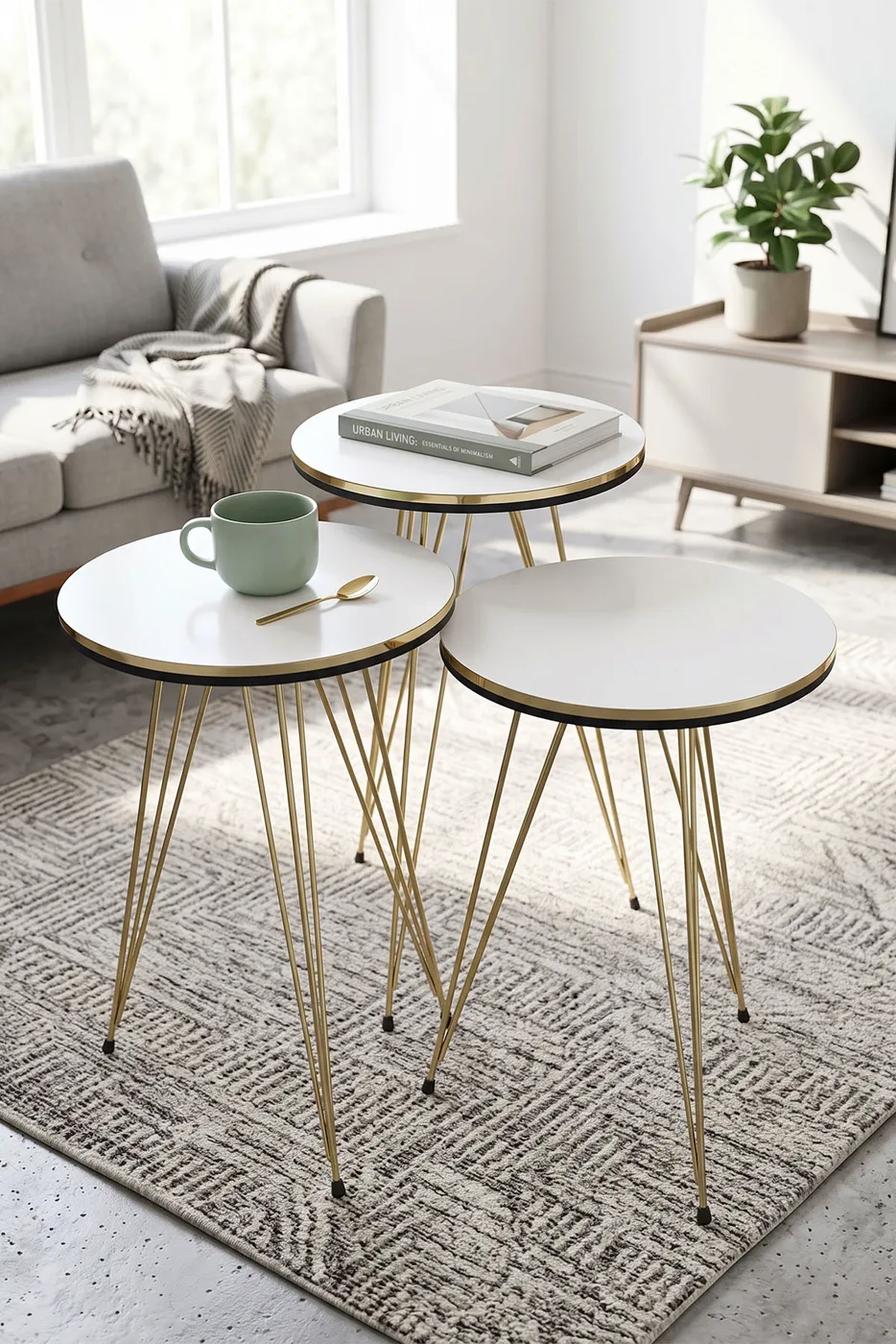 Round Nesting Table Set Gold Wire Legs - White
