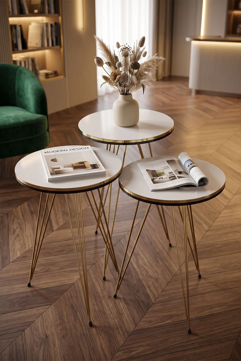 Round Nesting Table Set Gold Wire Legs - White