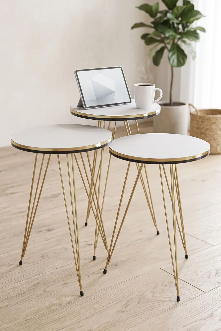 Round Nesting Table Set Gold Wire Legs - White