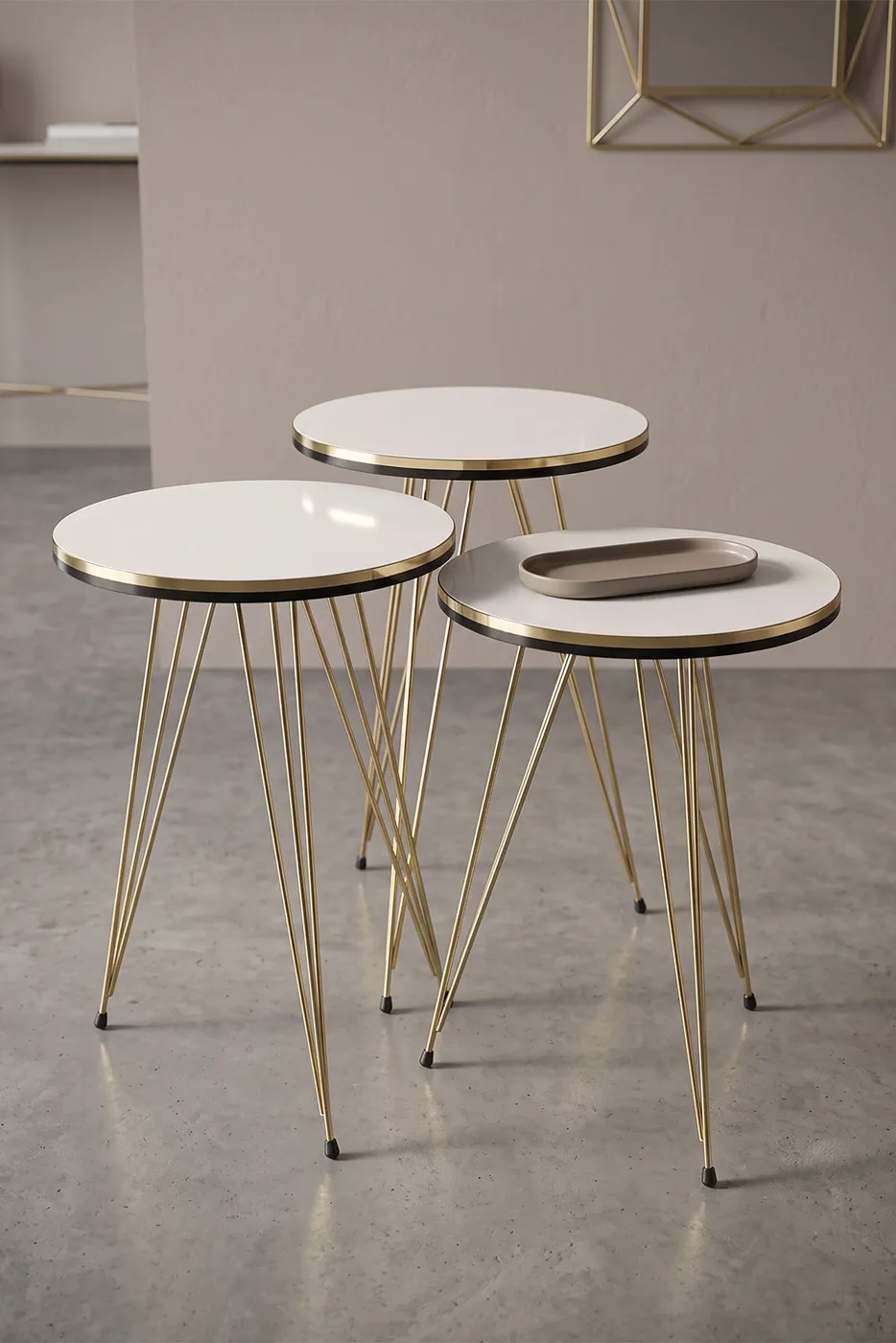 Round Nesting Table Set Gold Wire Legs - White