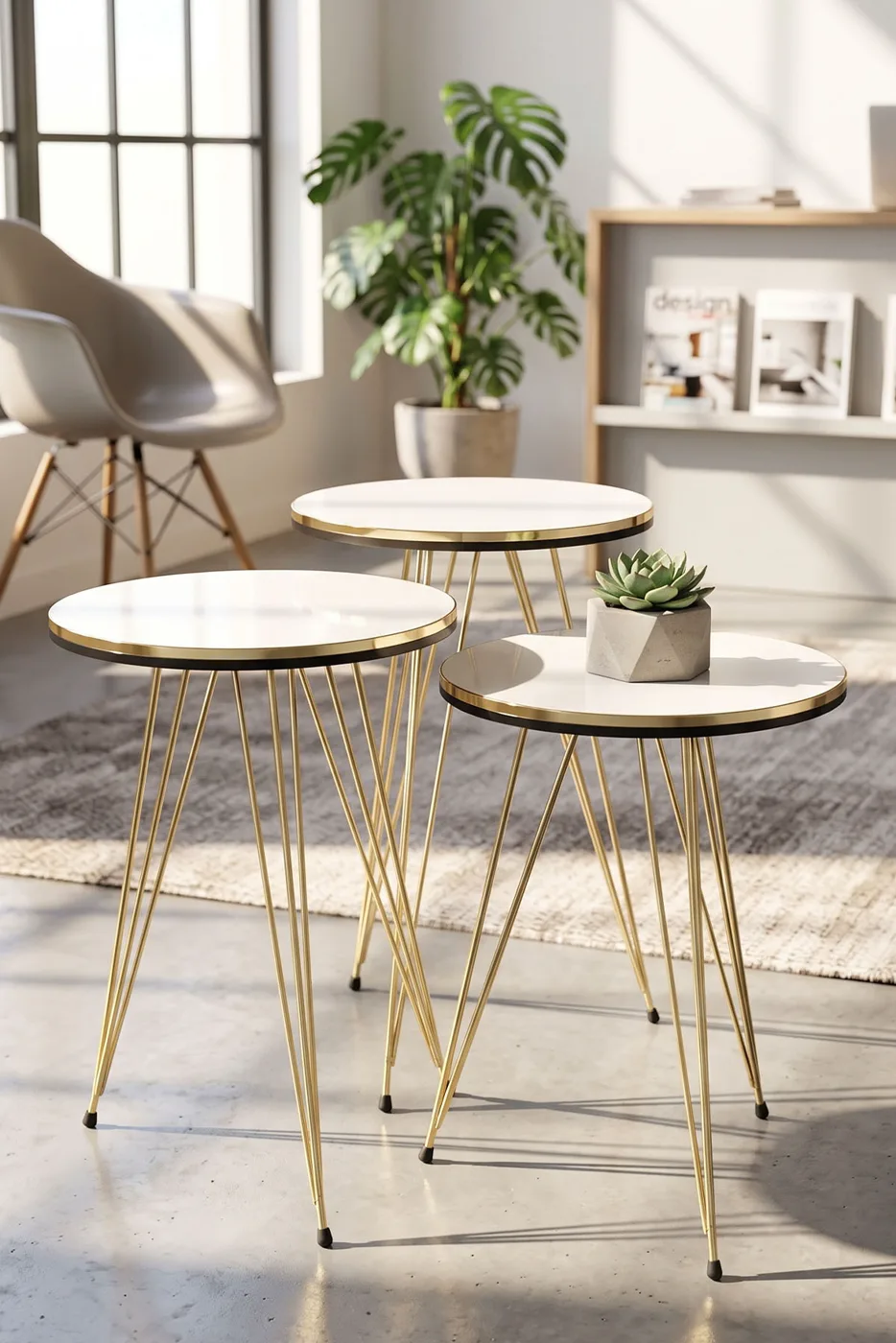 Round Nesting Table Set Gold Wire Legs - White