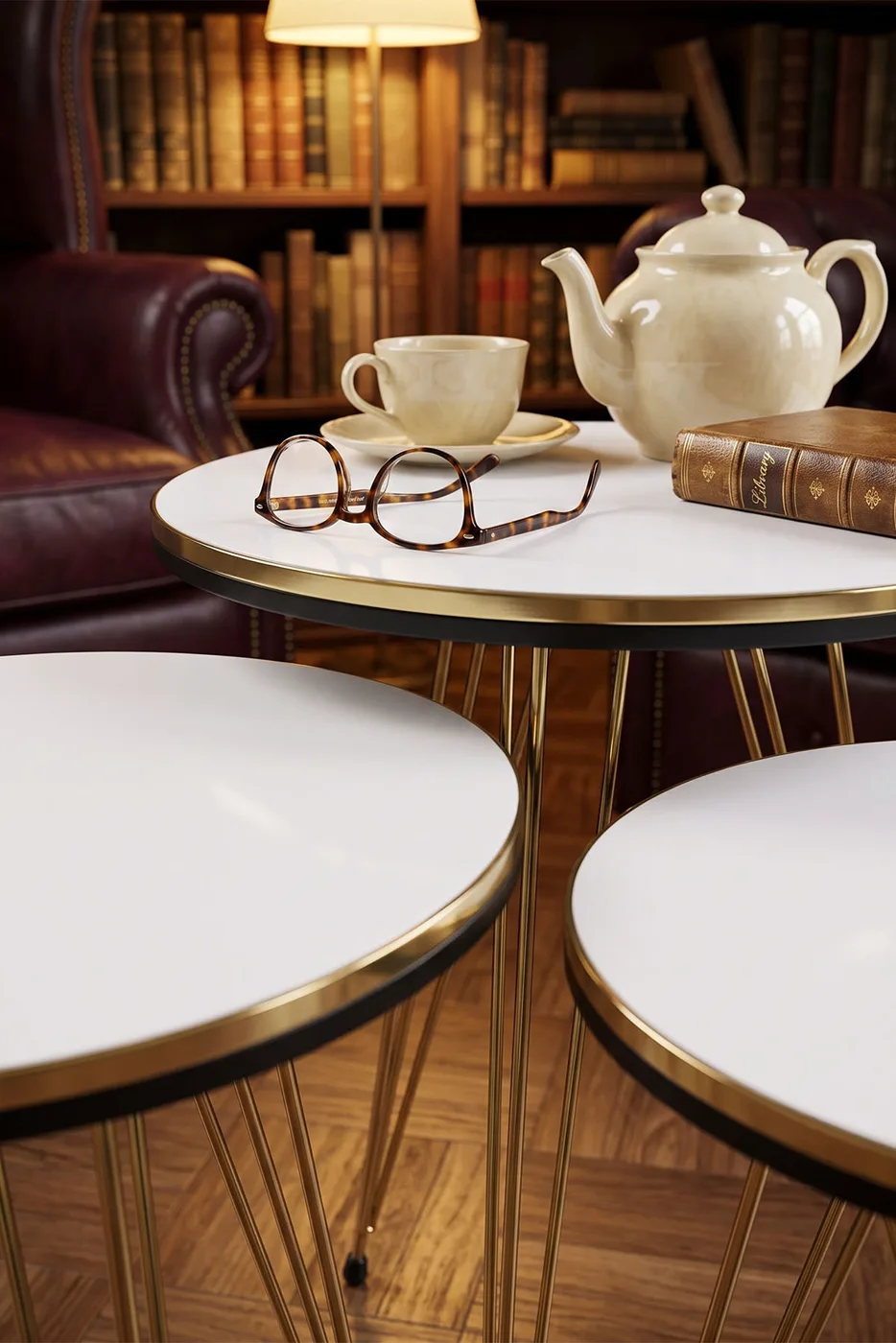 Round Nesting Table Set Gold Wire Legs - White