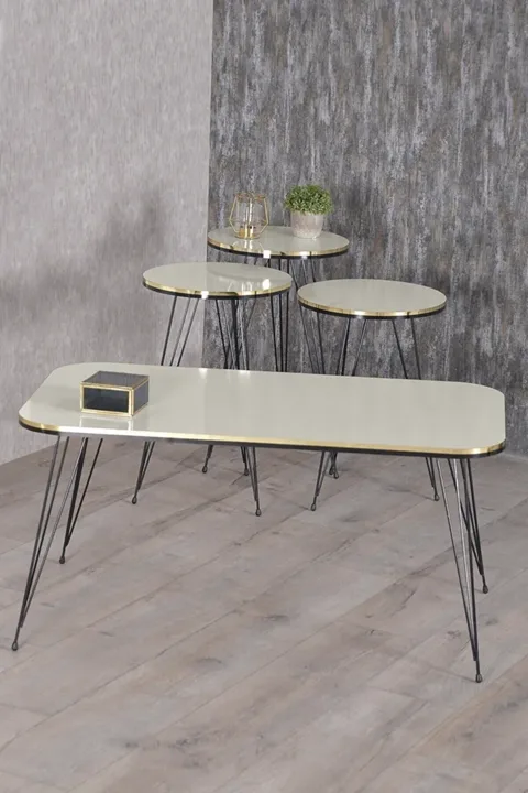 Rechteckiges 4-teiliges Satztisch-Set mit schwarzen Drahtbeinen - Creme
