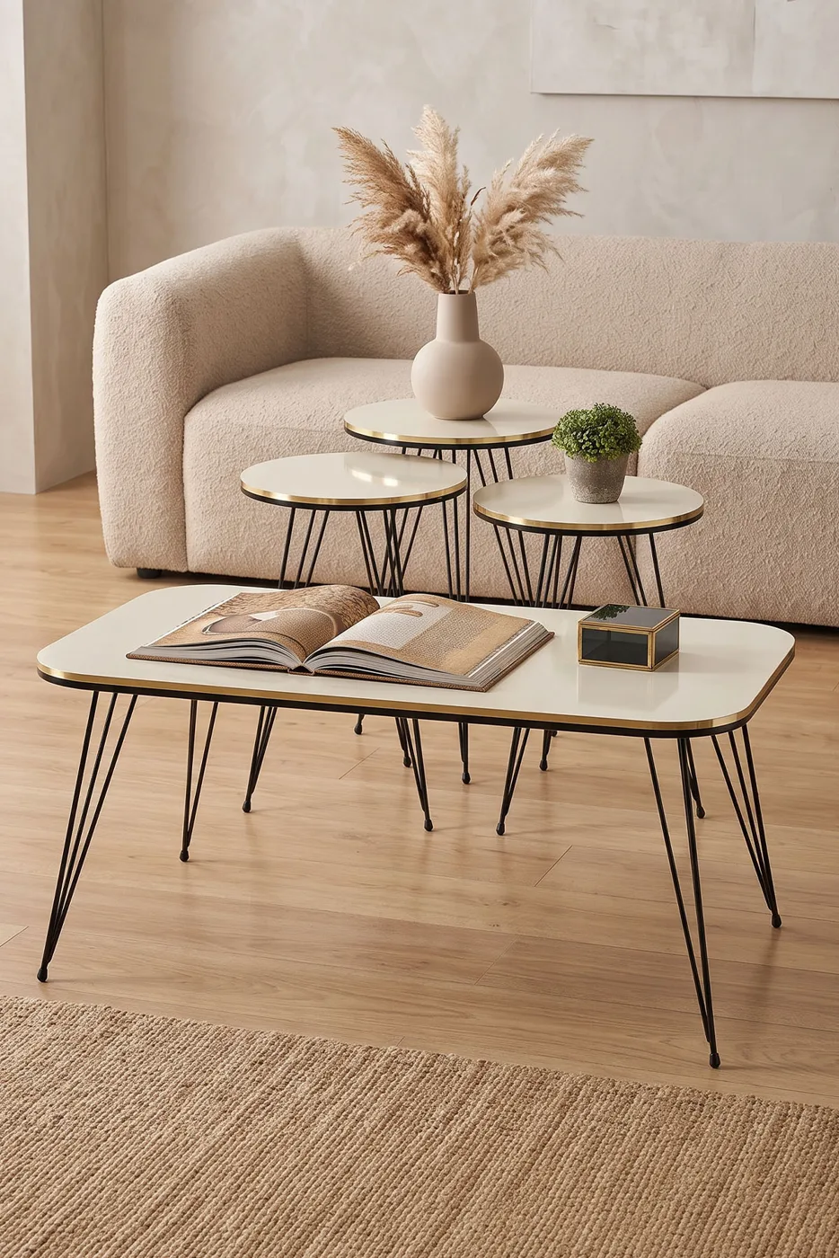 Black Wire Leg Rectangular 4-Piece Table Set - Cream
