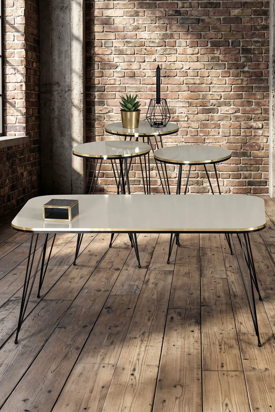 Black Wire Leg Rectangular 4-Piece Table Set - Cream