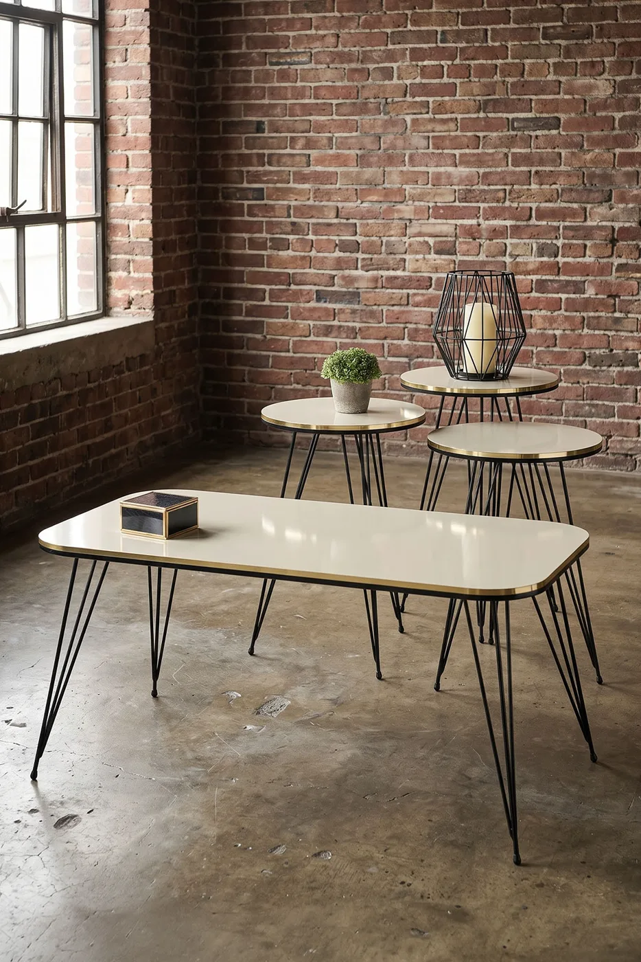 Black Wire Leg Rectangular 4-Piece Table Set - Cream