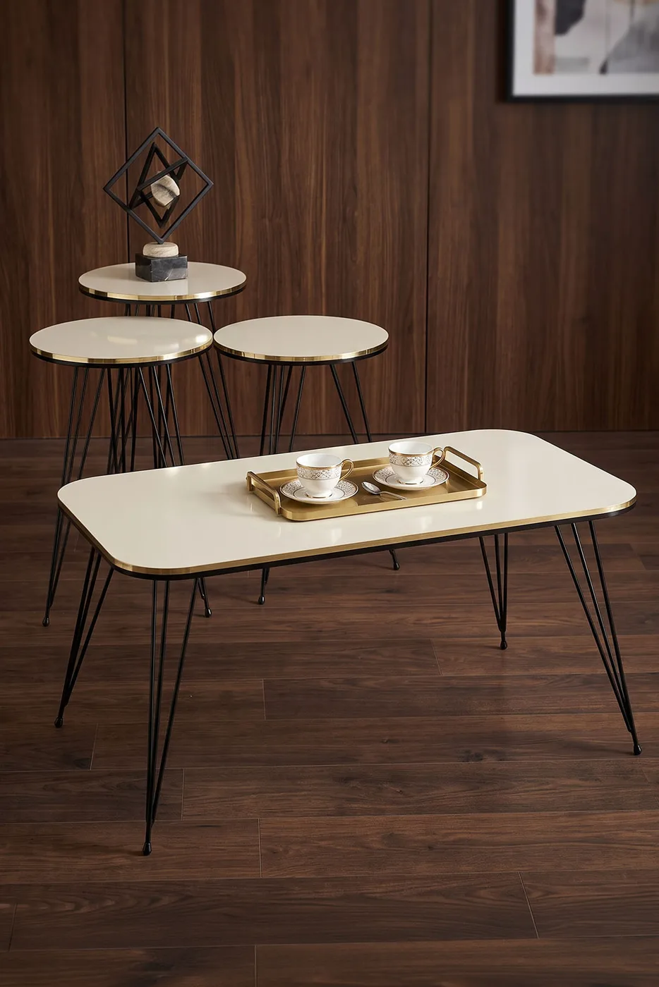 Black Wire Leg Rectangular 4-Piece Table Set - Cream