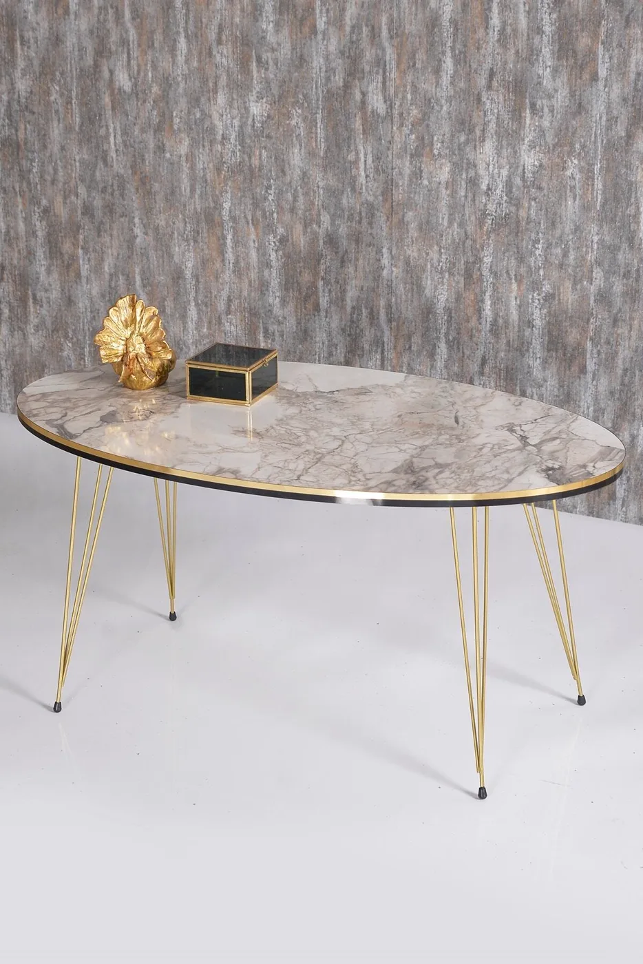 Gold Metal Tel Ayak Oval Orta Sehpa Suntalam Efes Beyaz